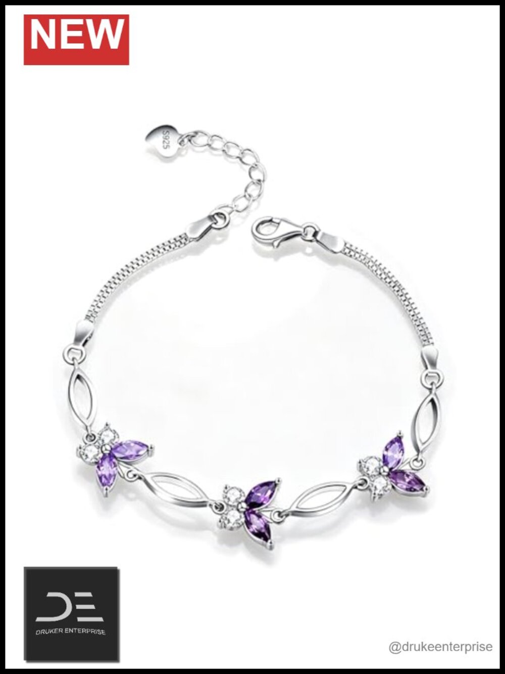 S925 Sterling Silver Purple Butterfly Bracelet Adjustable Charm Women Gift